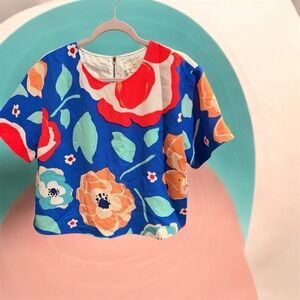 kate spade Blue Floral Short Sleeve Top with Red and Peach Blooms